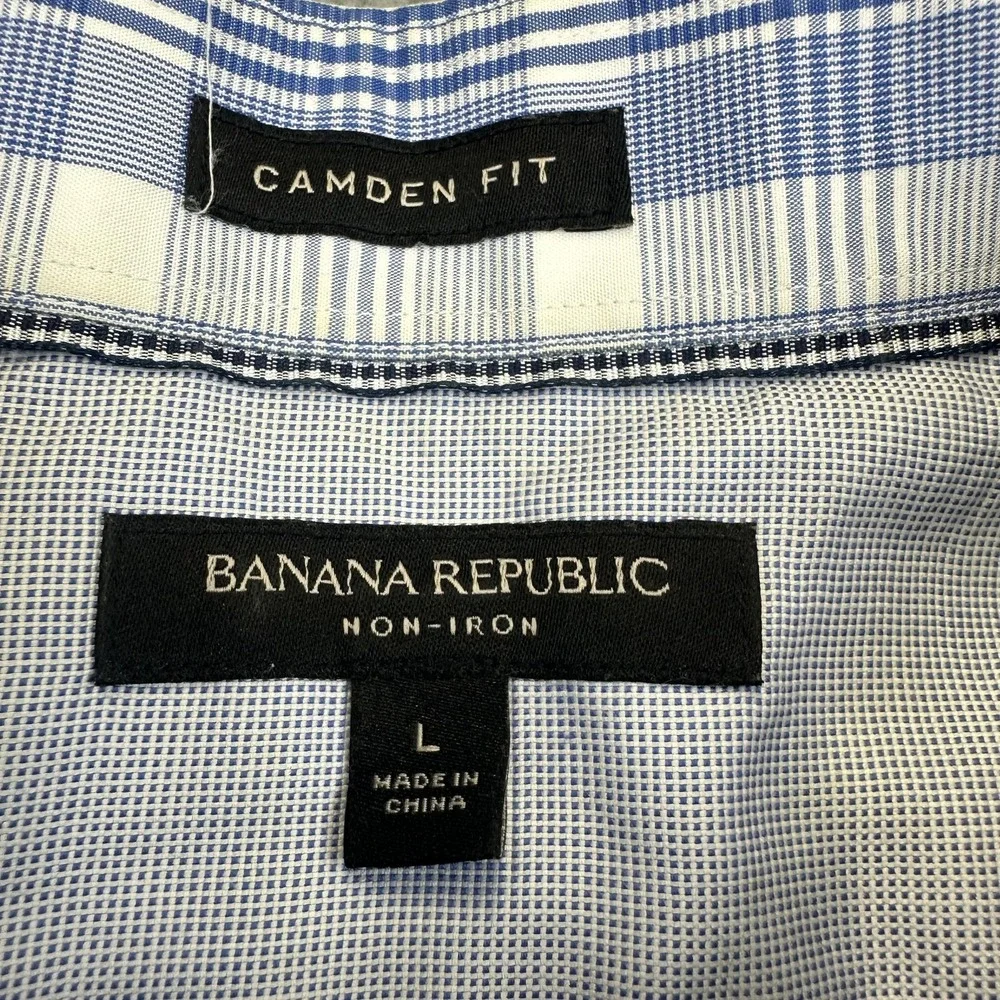 Banana Republic Shirt Mens Large Blue Plaid Camden Fit Non-Iron Long‎ Sleeve